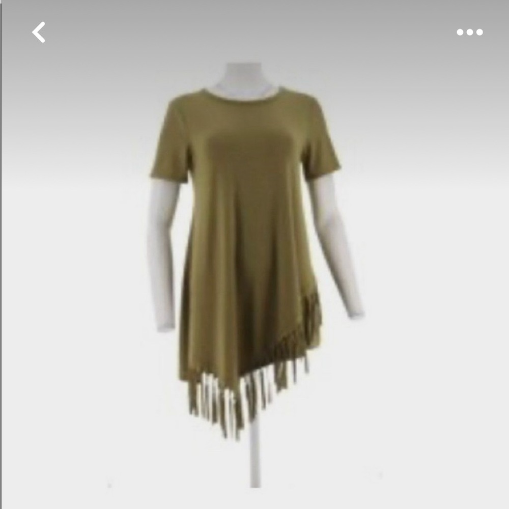 Serena Williams Asymmetrical Olive Green Shirt with Fringe, size small. NWOT